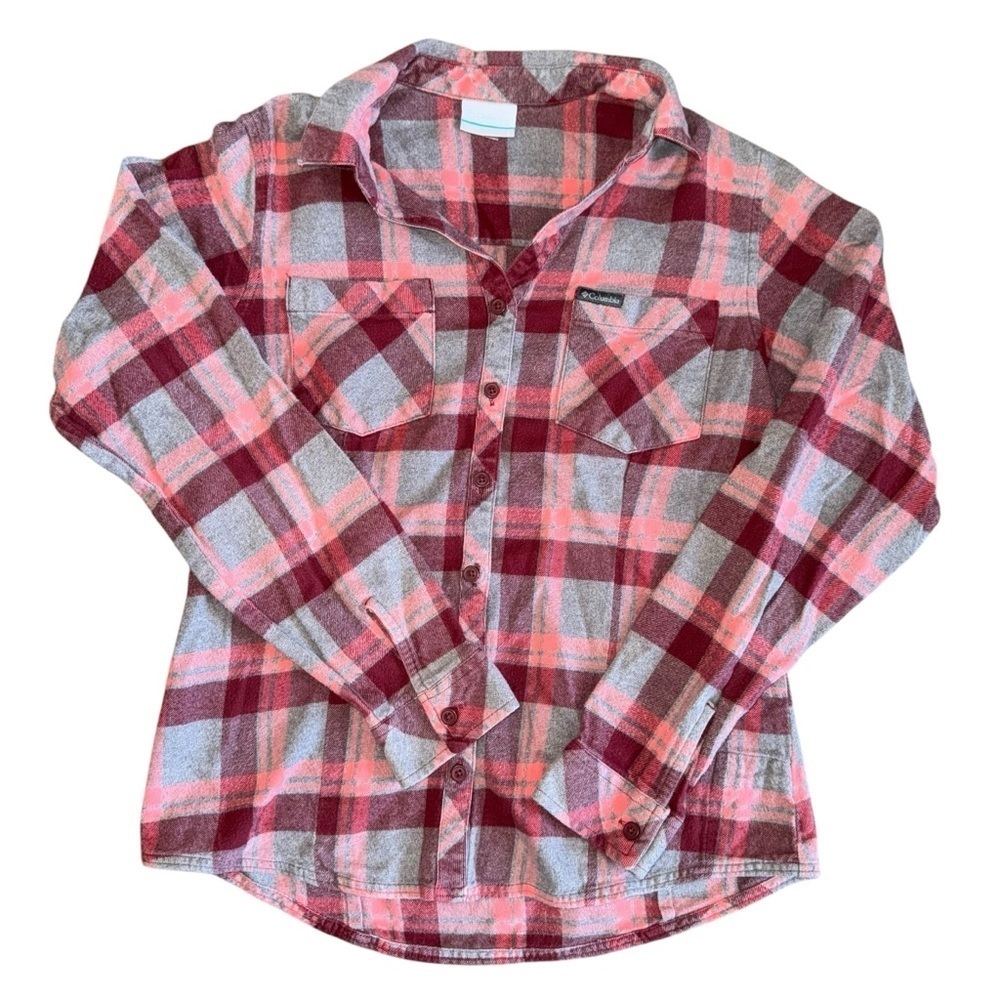 Columbia Pink Gray Plaid Flannel Shirt Womens Small Cotton Western Ranch - Picture 2 of 7